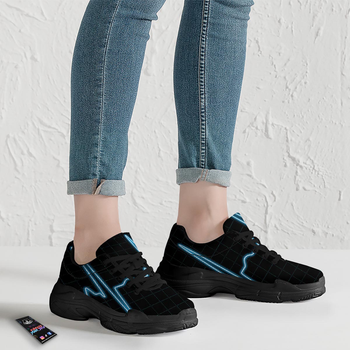 Heartbeat Teal Print Black Chunky Shoes-grizzshop