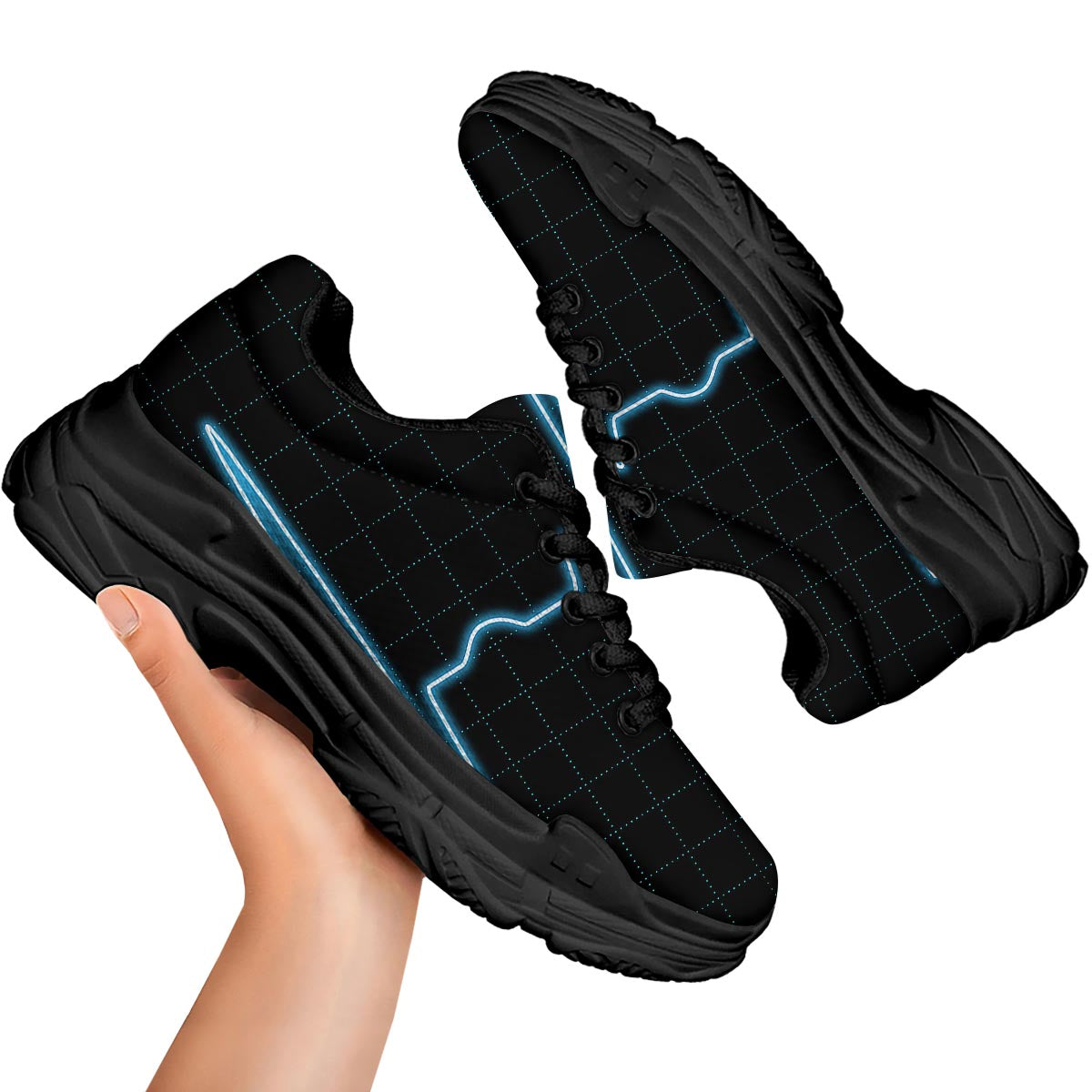 Heartbeat Teal Print Black Chunky Shoes-grizzshop