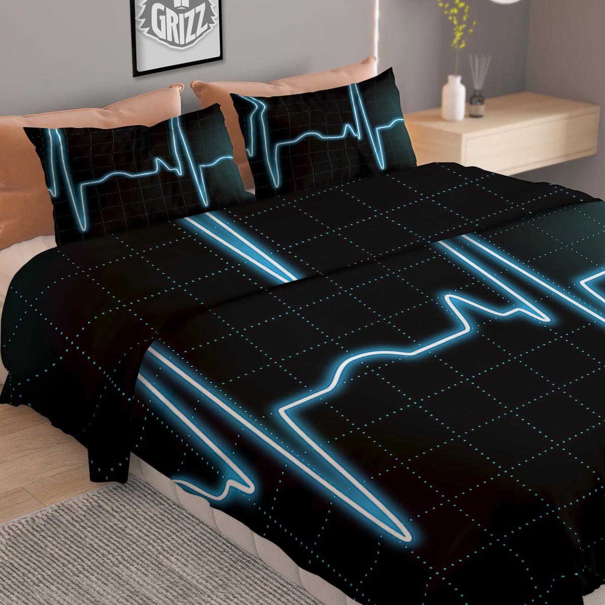 Heartbeat Teal Print Duvet Cover Bedding Set