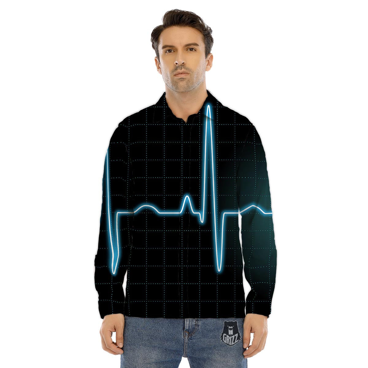 Heartbeat Teal Print Men's Dress Shirts-grizzshop