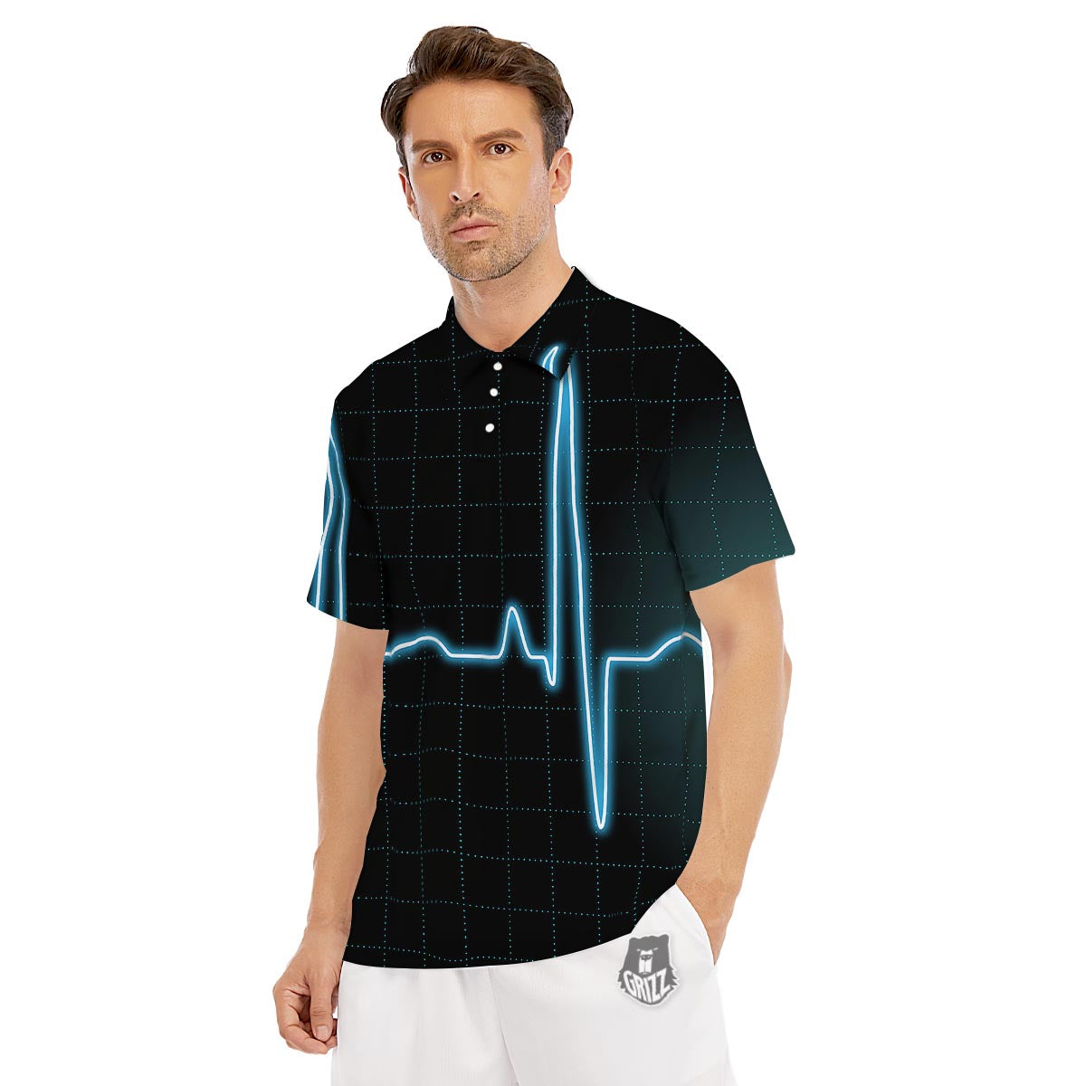 Heartbeat Teal Print Men's Golf Shirts-grizzshop