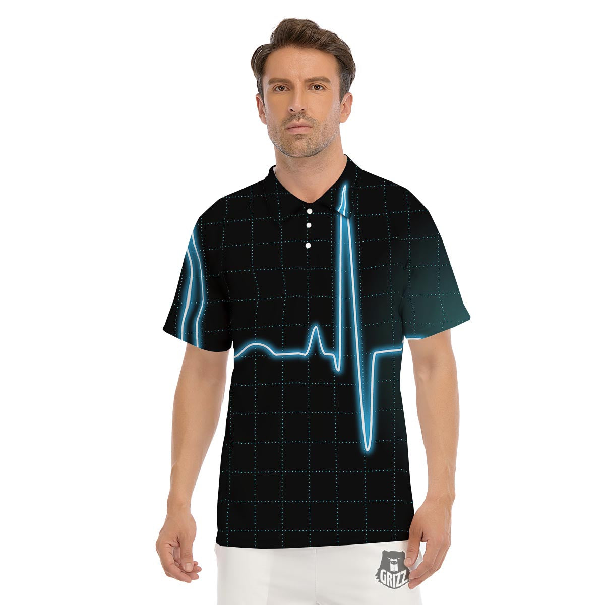 Heartbeat Teal Print Men's Golf Shirts-grizzshop