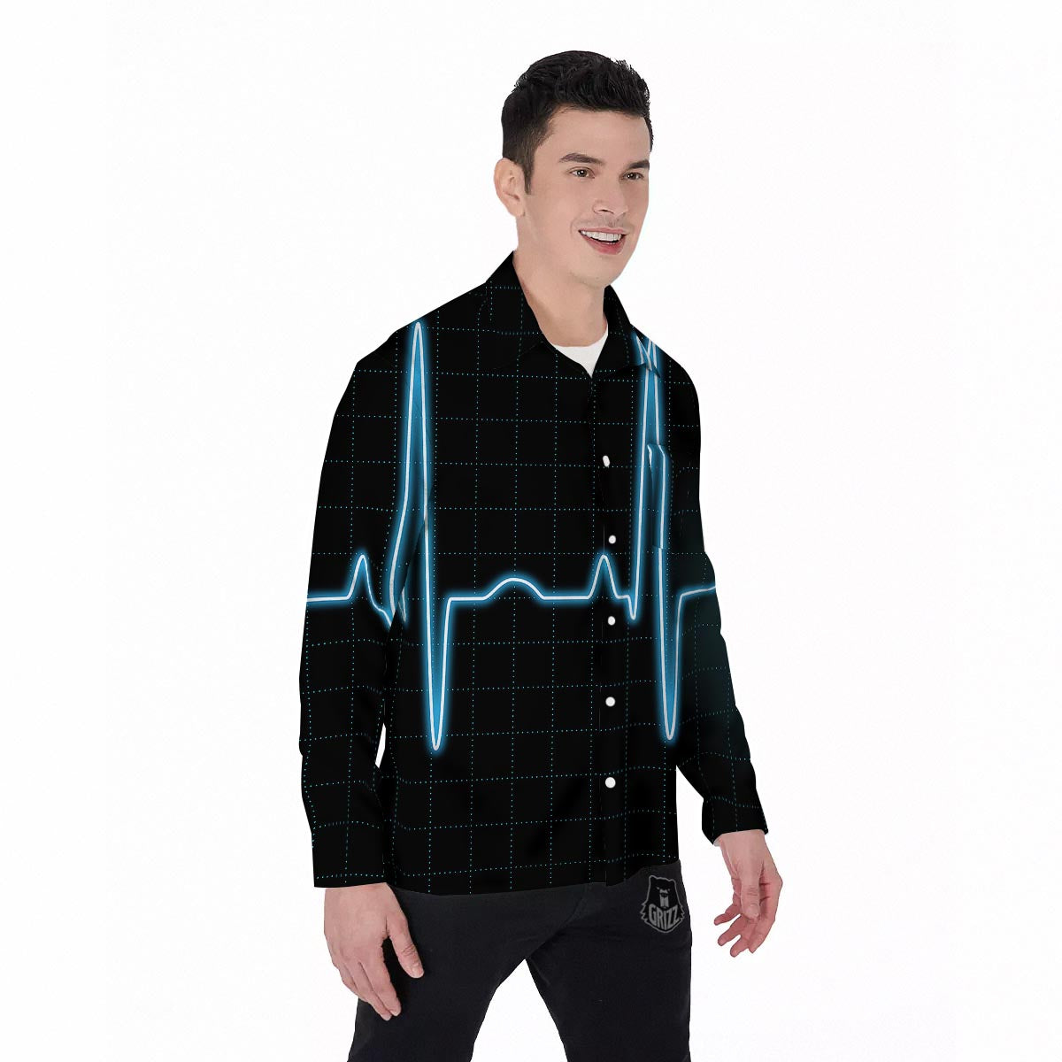Heartbeat Teal Print Men's Long Sleeve Shirts-grizzshop