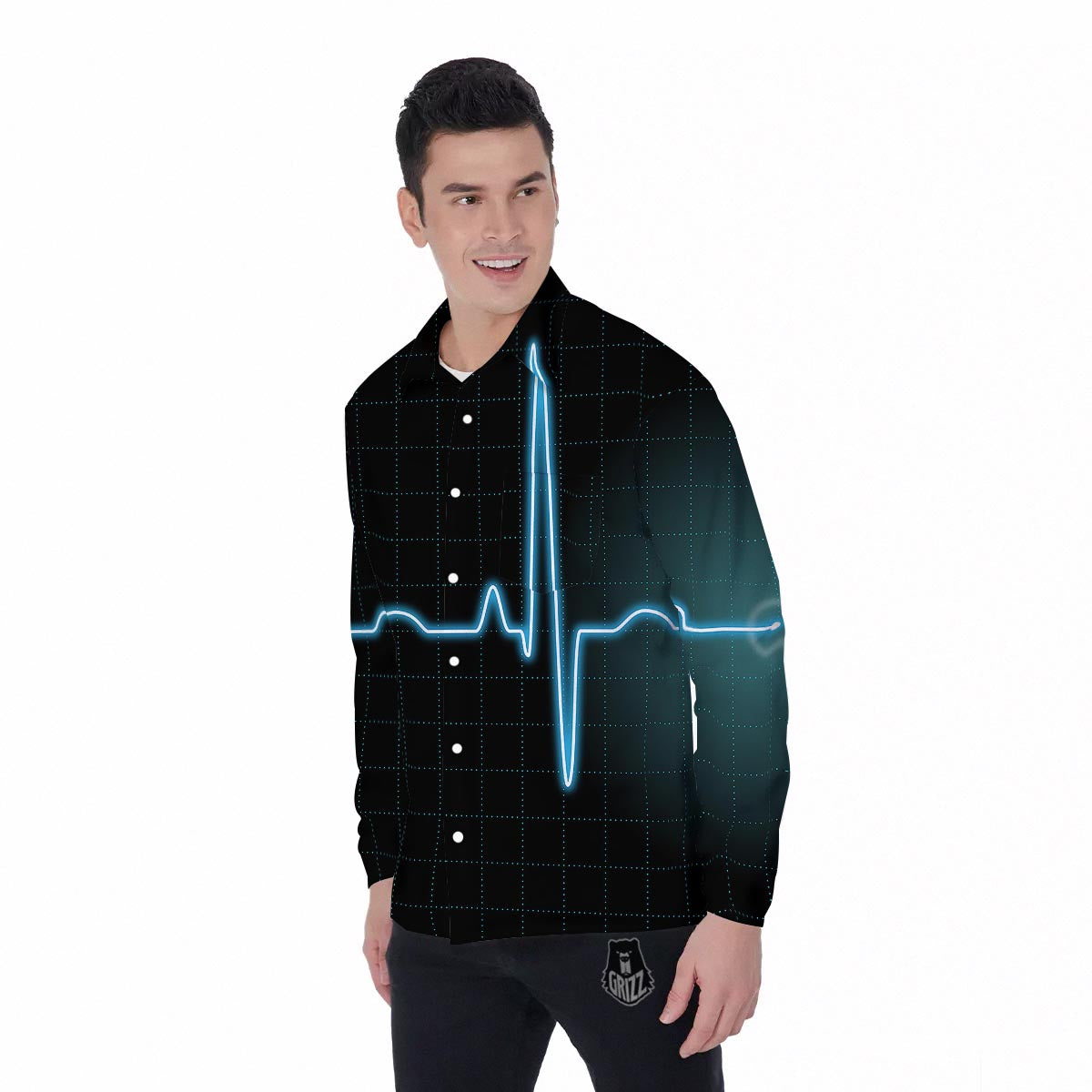 Heartbeat Teal Print Men's Long Sleeve Shirts-grizzshop