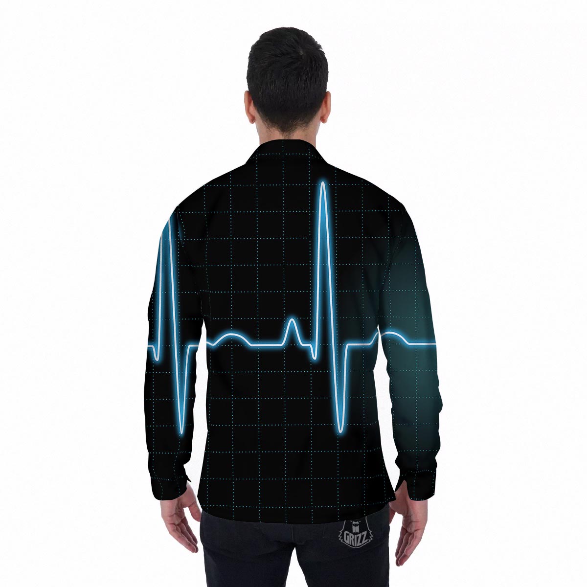 Heartbeat Teal Print Men's Long Sleeve Shirts-grizzshop