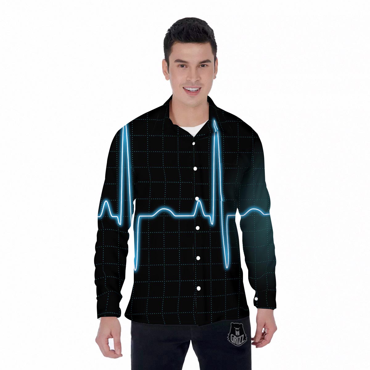 Heartbeat Teal Print Men's Long Sleeve Shirts-grizzshop