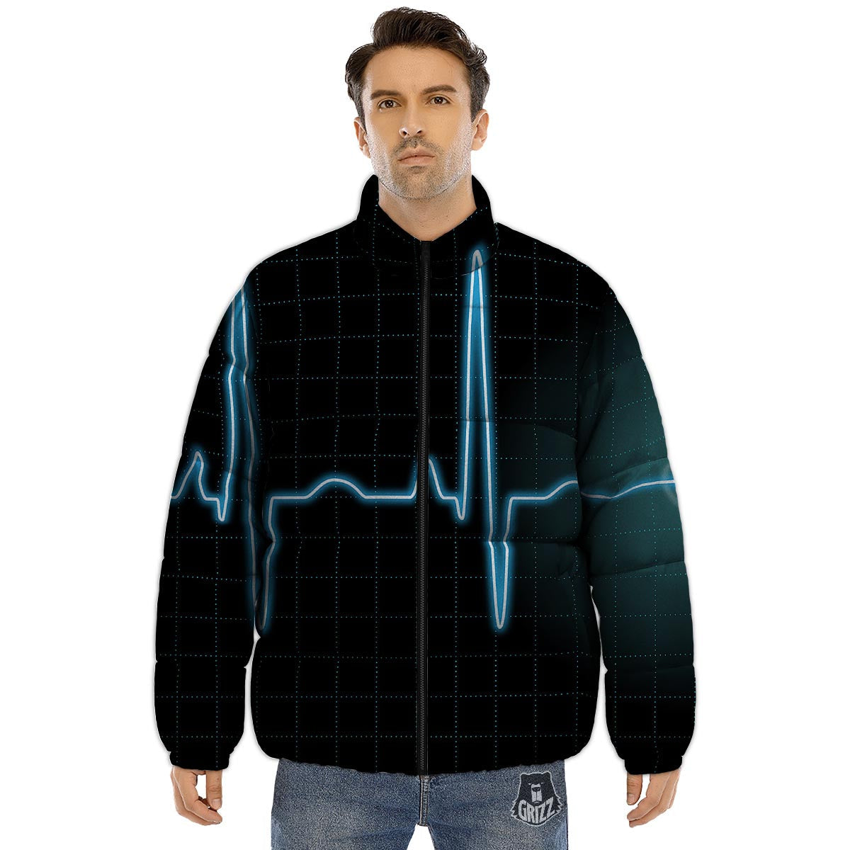 Heartbeat Teal Print Puffer Jacket-grizzshop