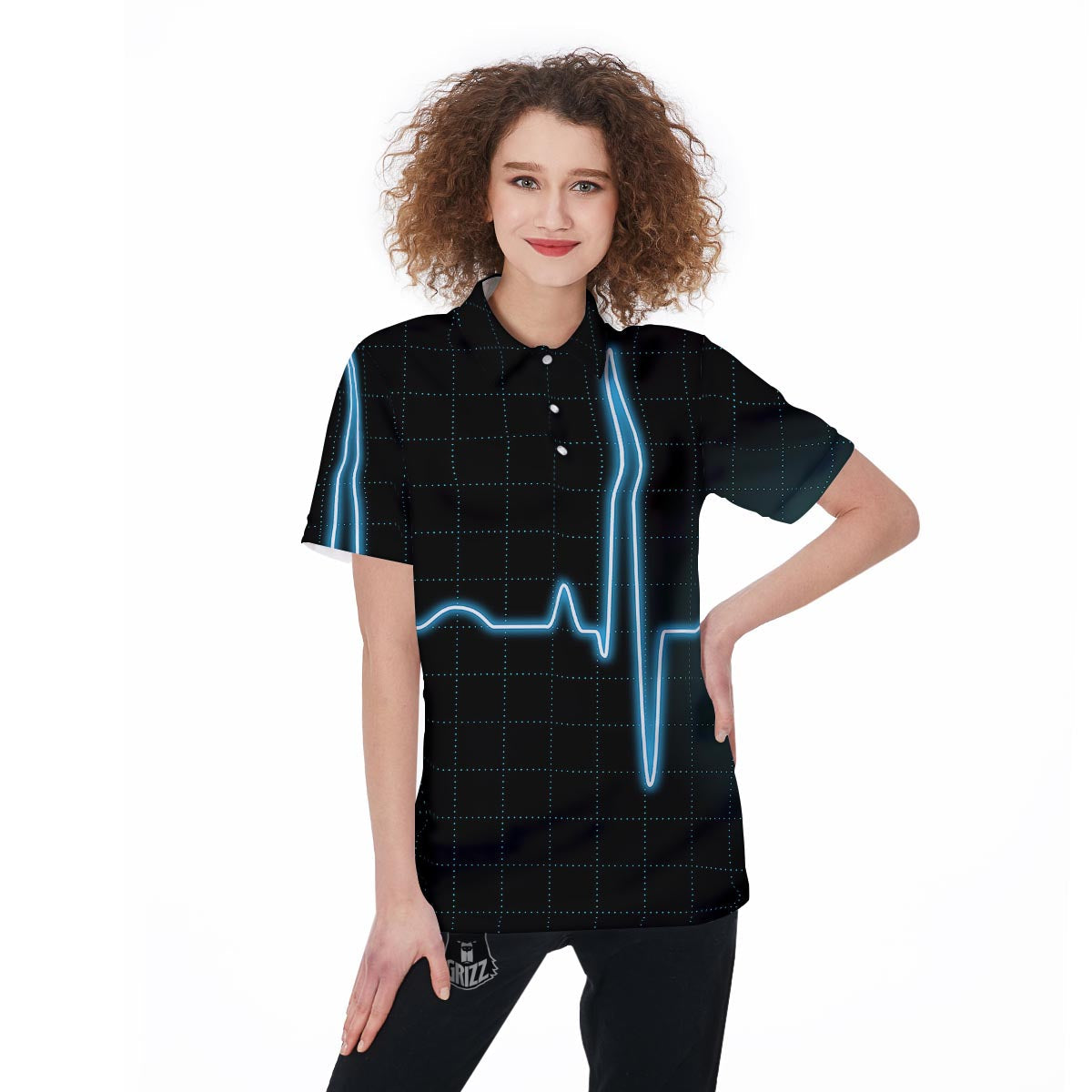 Heartbeat Teal Print Women's Golf Shirts-grizzshop