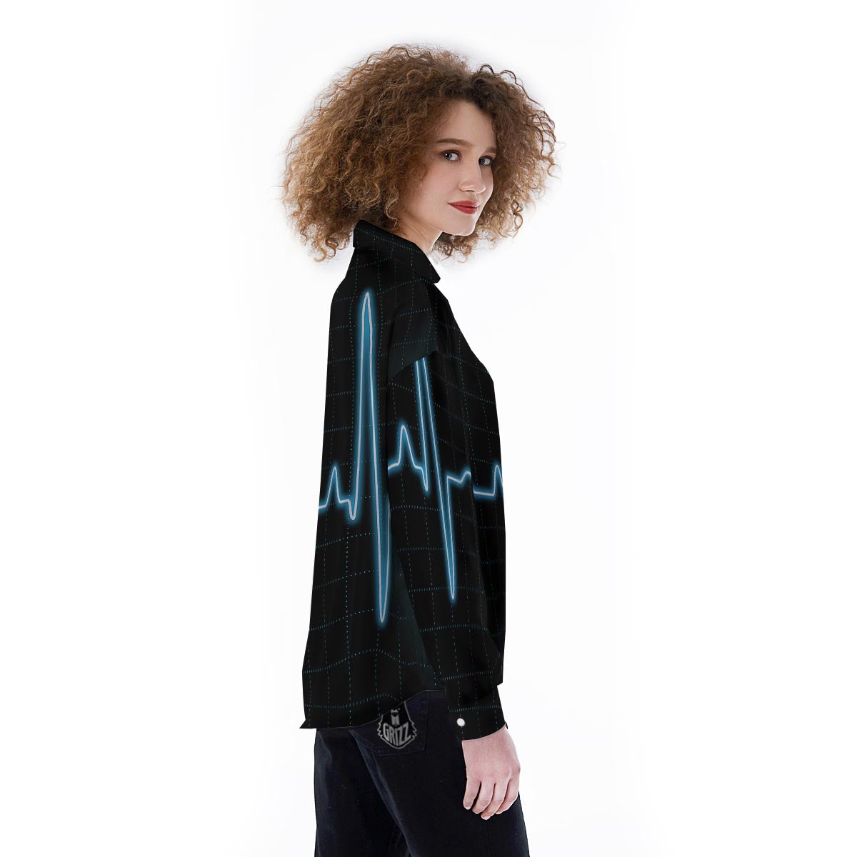 Heartbeat Teal Print Women's Long Sleeve Shirts-grizzshop