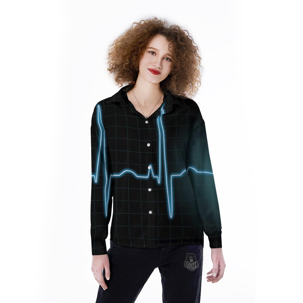 Heartbeat Teal Print Women's Long Sleeve Shirts-grizzshop