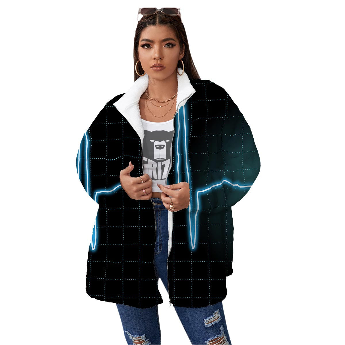 Heartbeat Teal Print Women's Sherpa Jacket-grizzshop