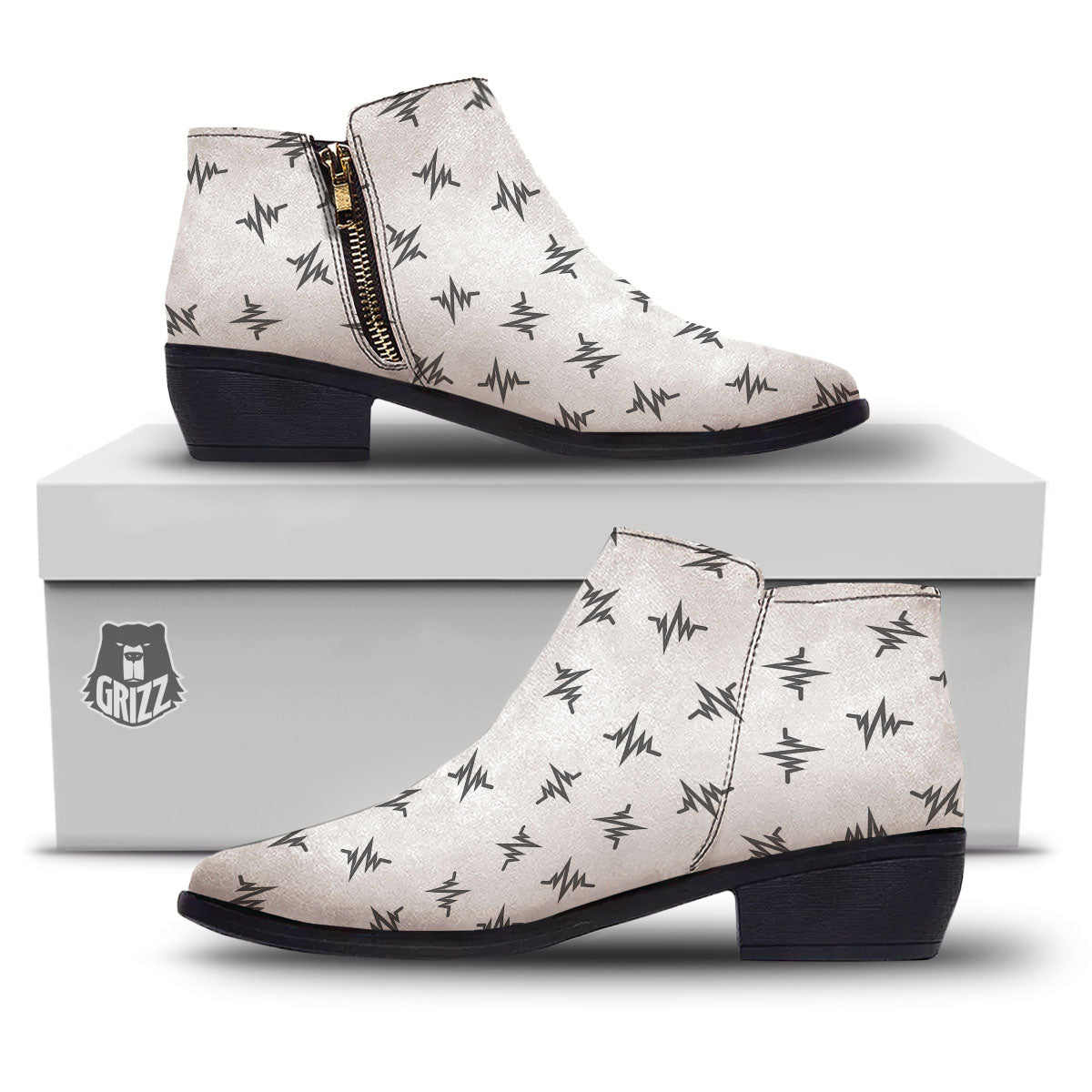 Heartbeat White And Black Print Pattern Ankle Boots-grizzshop