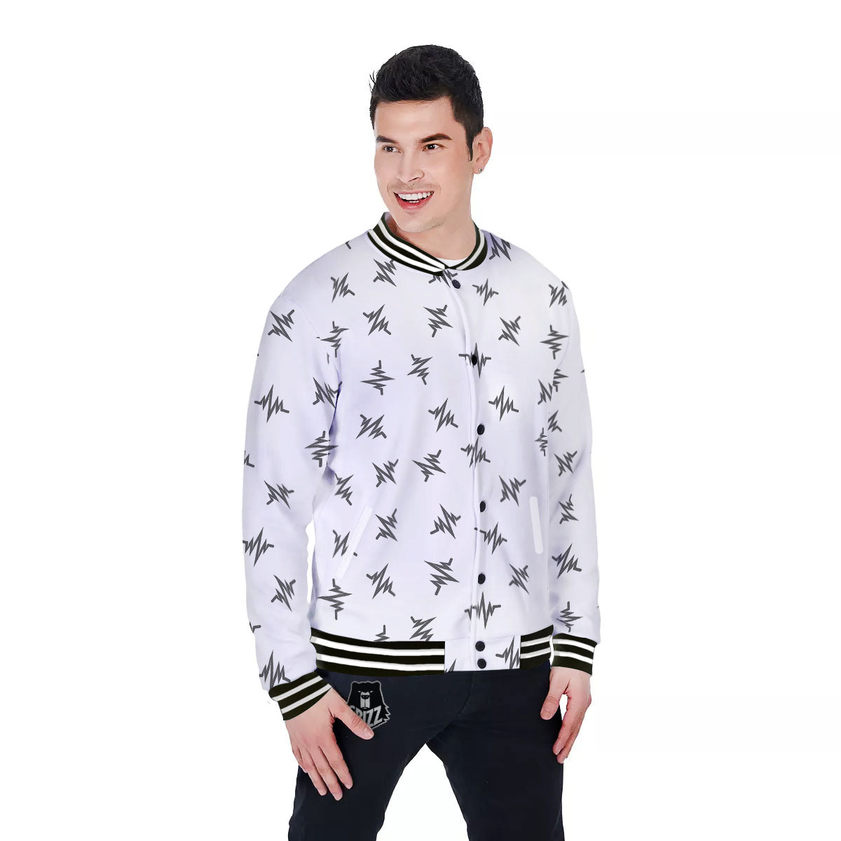 Heartbeat White And Black Print Pattern Baseball Jacket-grizzshop