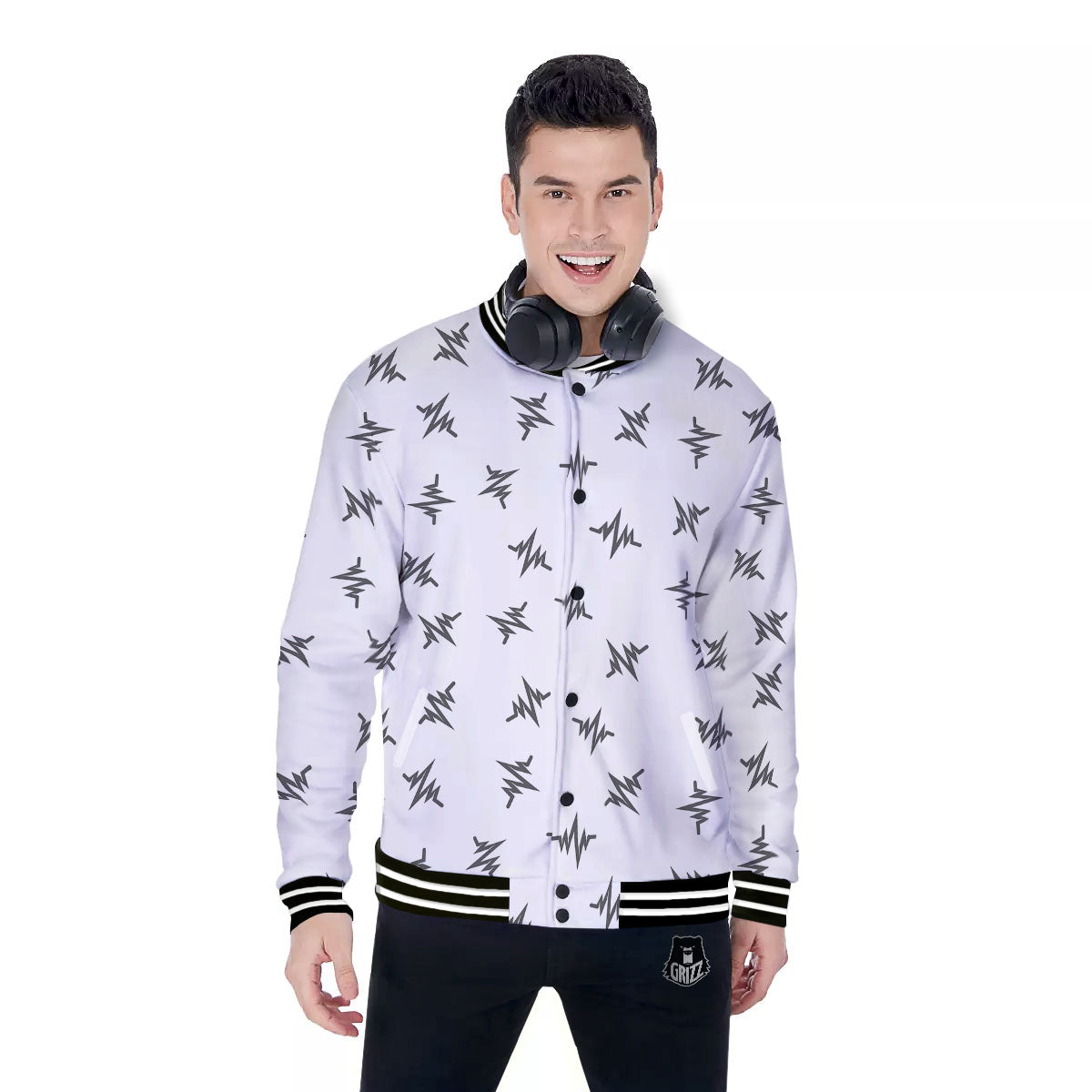 Heartbeat White And Black Print Pattern Baseball Jacket-grizzshop