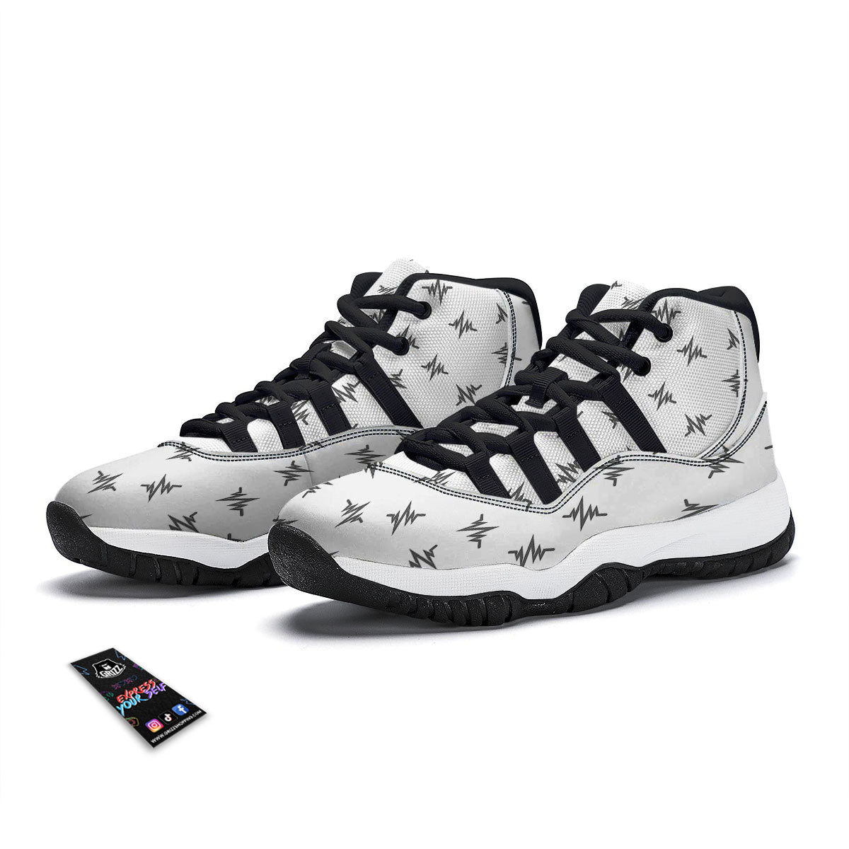 Heartbeat White And Black Print Pattern Black Bball Shoes-grizzshop