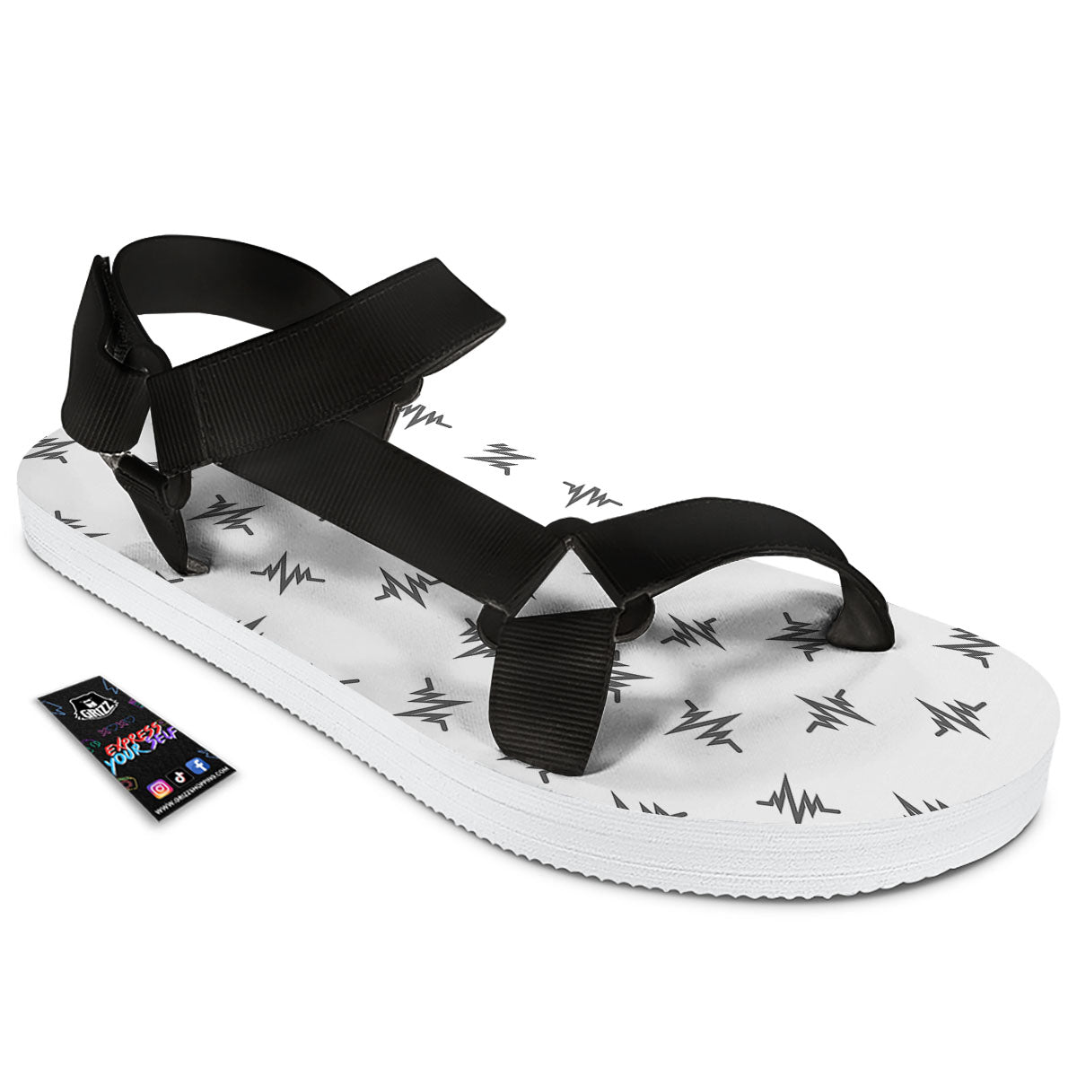 Heartbeat White And Black Print Pattern Black Open Toe Sandals-grizzshop