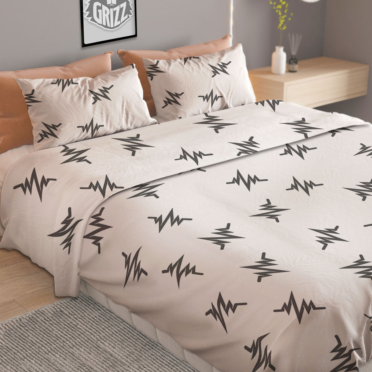 Heartbeat White And Black Print Pattern Duvet Cover Bedding Set