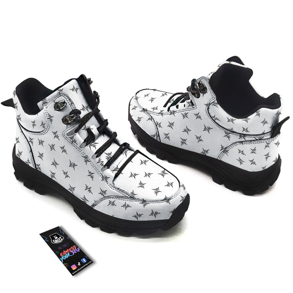 Heartbeat White And Black Print Pattern Hiking Shoes-grizzshop