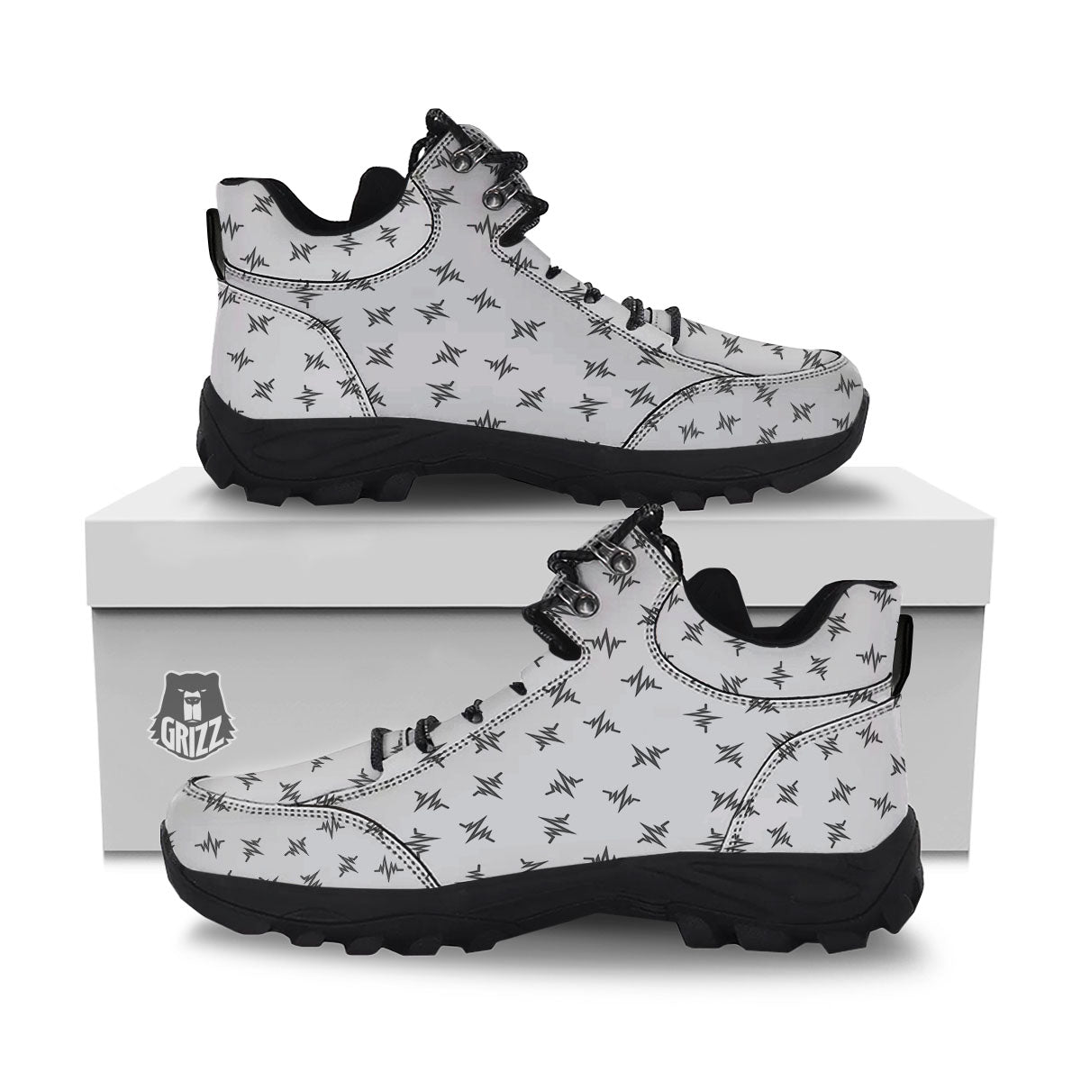Heartbeat White And Black Print Pattern Hiking Shoes-grizzshop