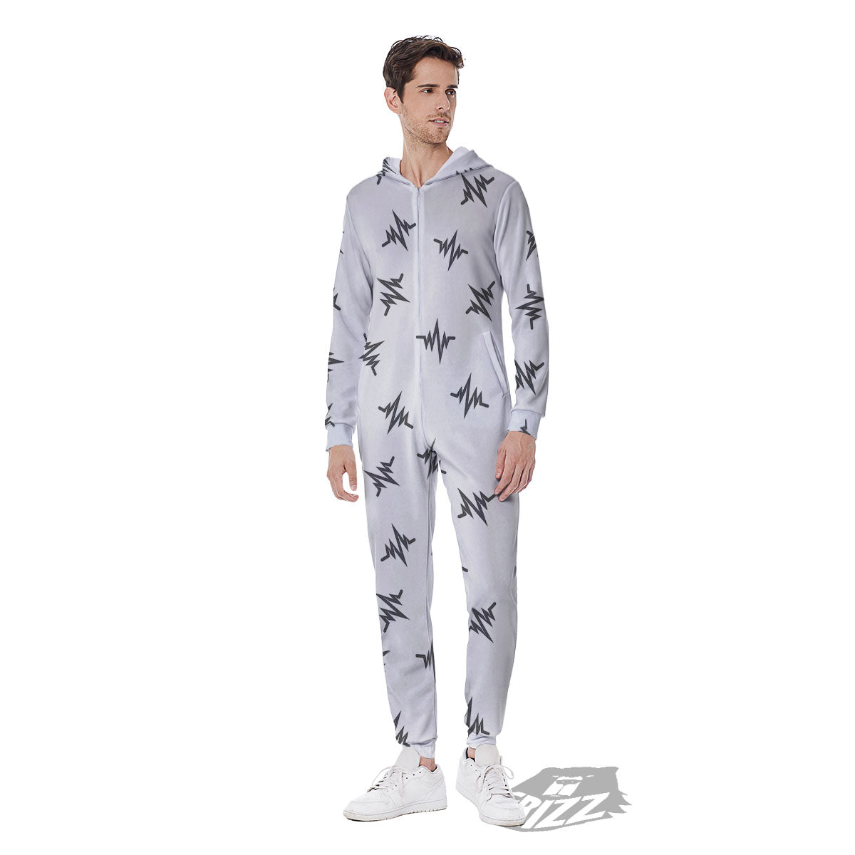 Heartbeat White And Black Print Pattern Men's Jumpsuit-grizzshop