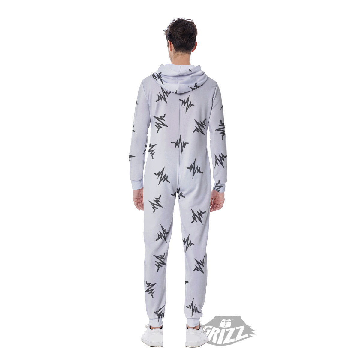 Heartbeat White And Black Print Pattern Men's Jumpsuit-grizzshop
