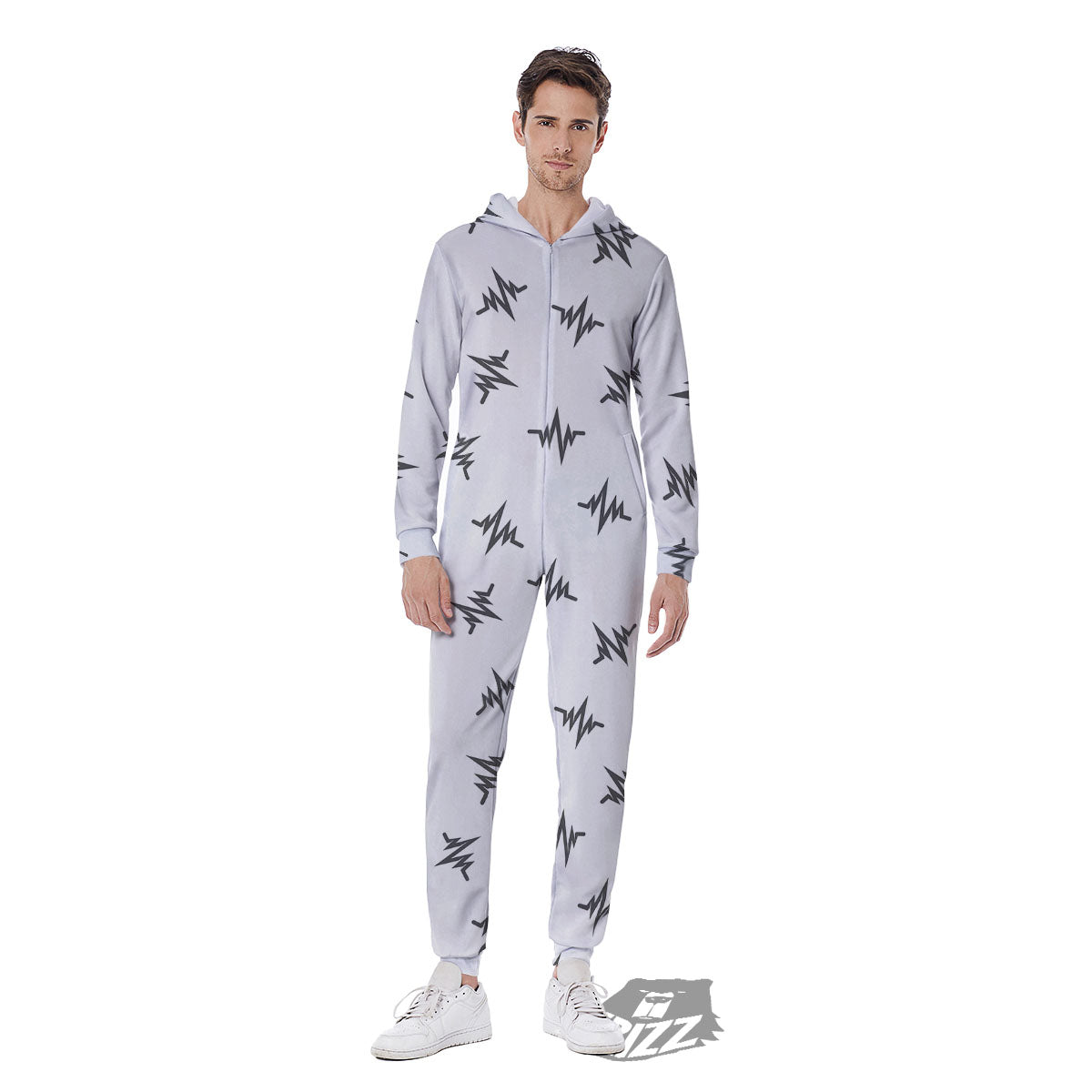 Heartbeat White And Black Print Pattern Men's Jumpsuit-grizzshop