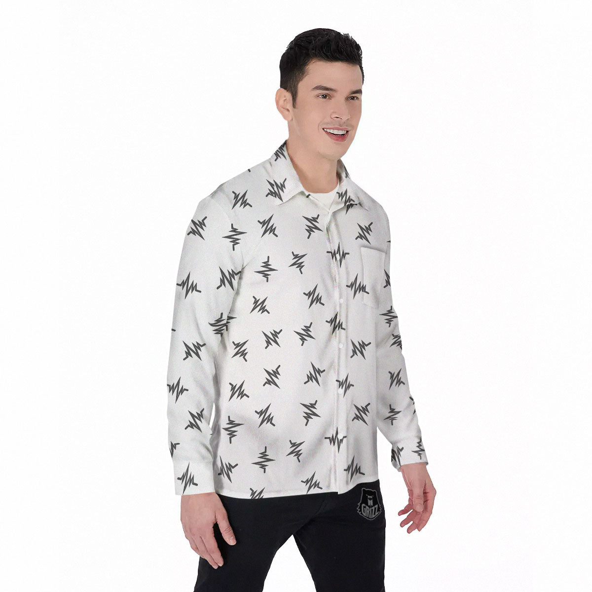 Heartbeat White And Black Print Pattern Men's Long Sleeve Shirts-grizzshop