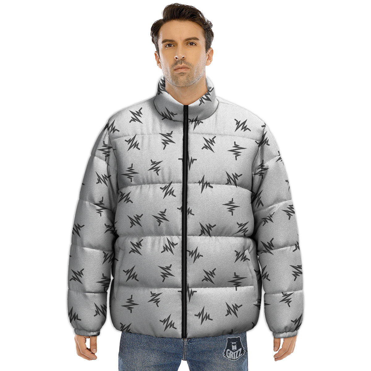 Heartbeat White And Black Print Pattern Puffer Jacket-grizzshop