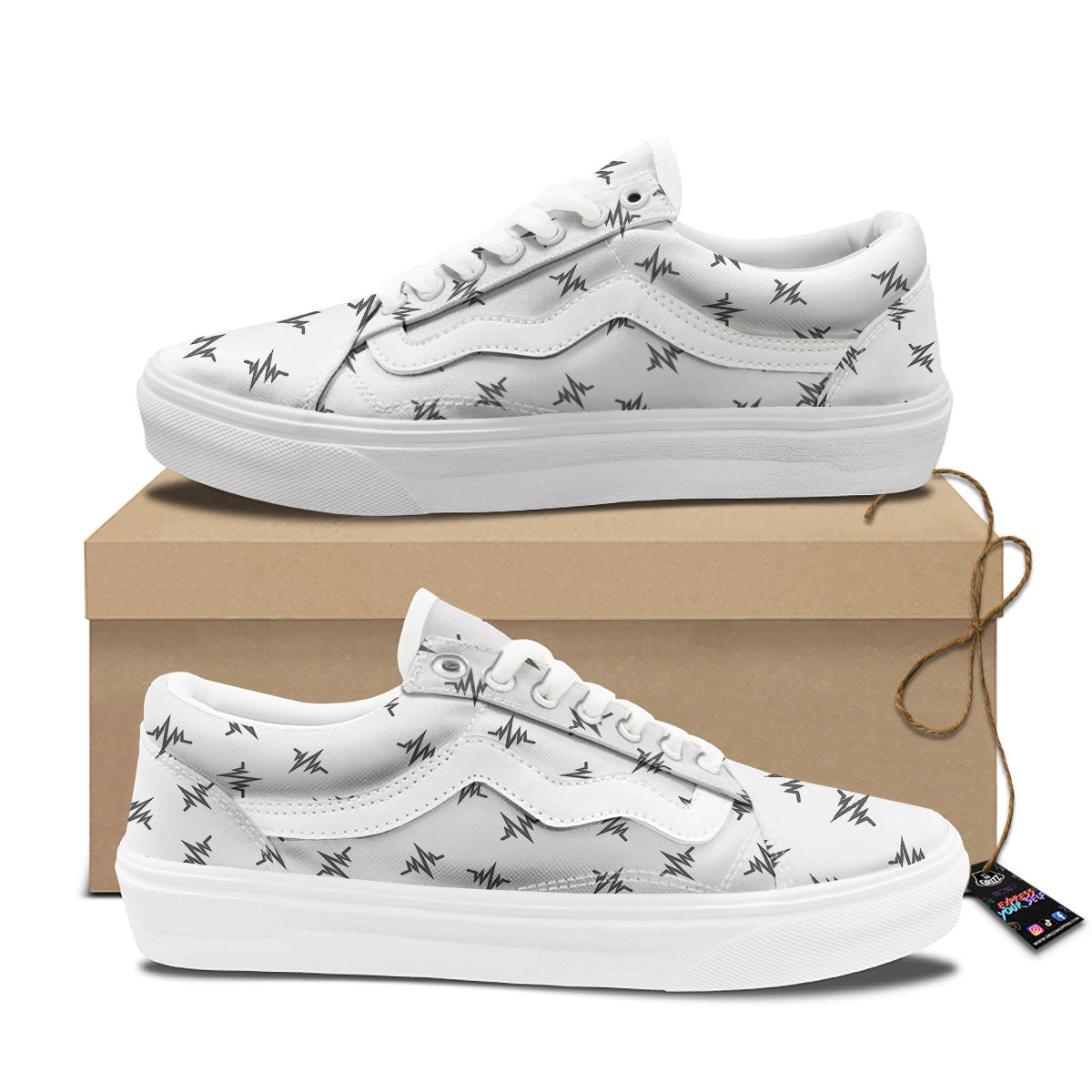 Heartbeat White And Black Print Pattern Skate Shoes-grizzshop