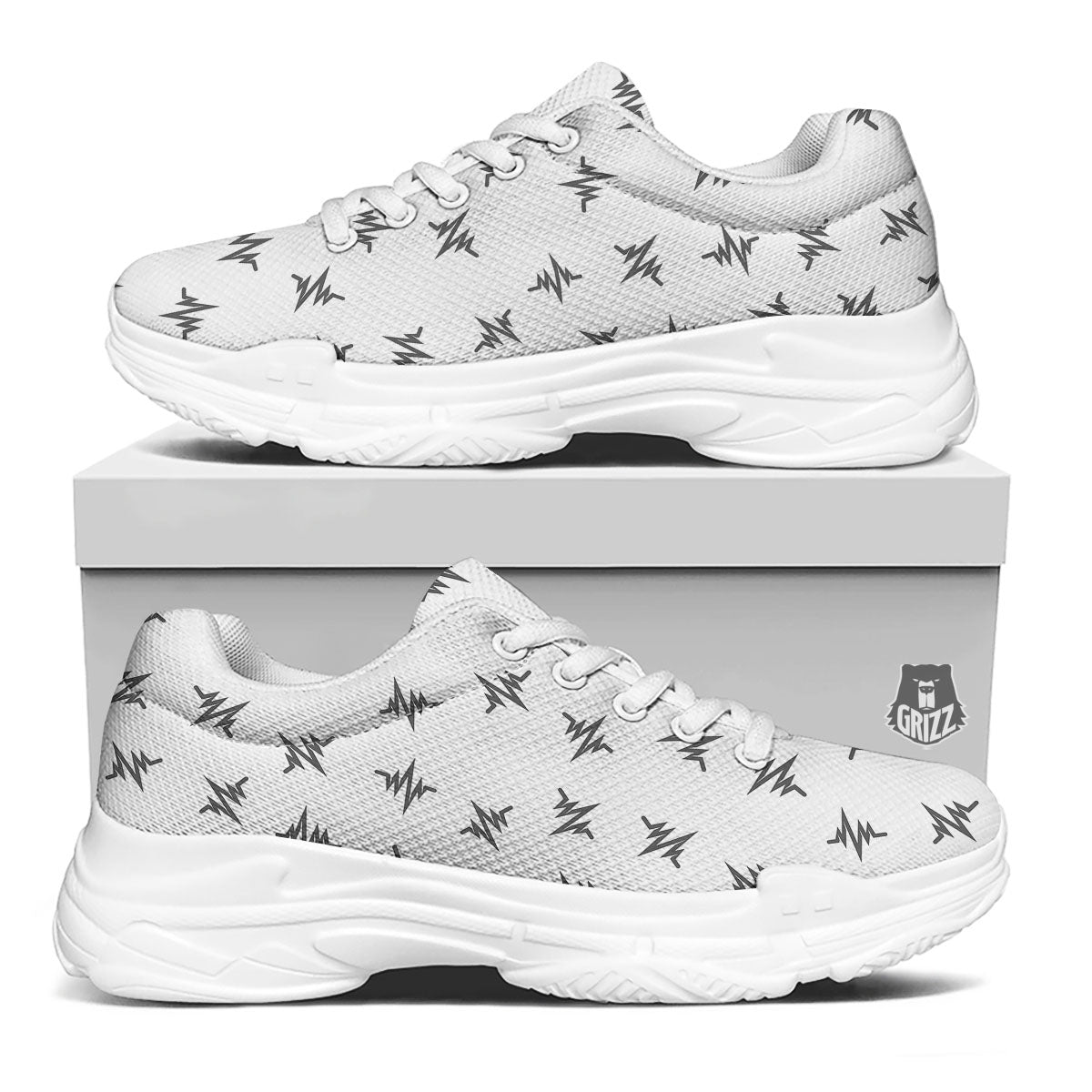Heartbeat White And Black Print Pattern White Chunky Shoes-grizzshop
