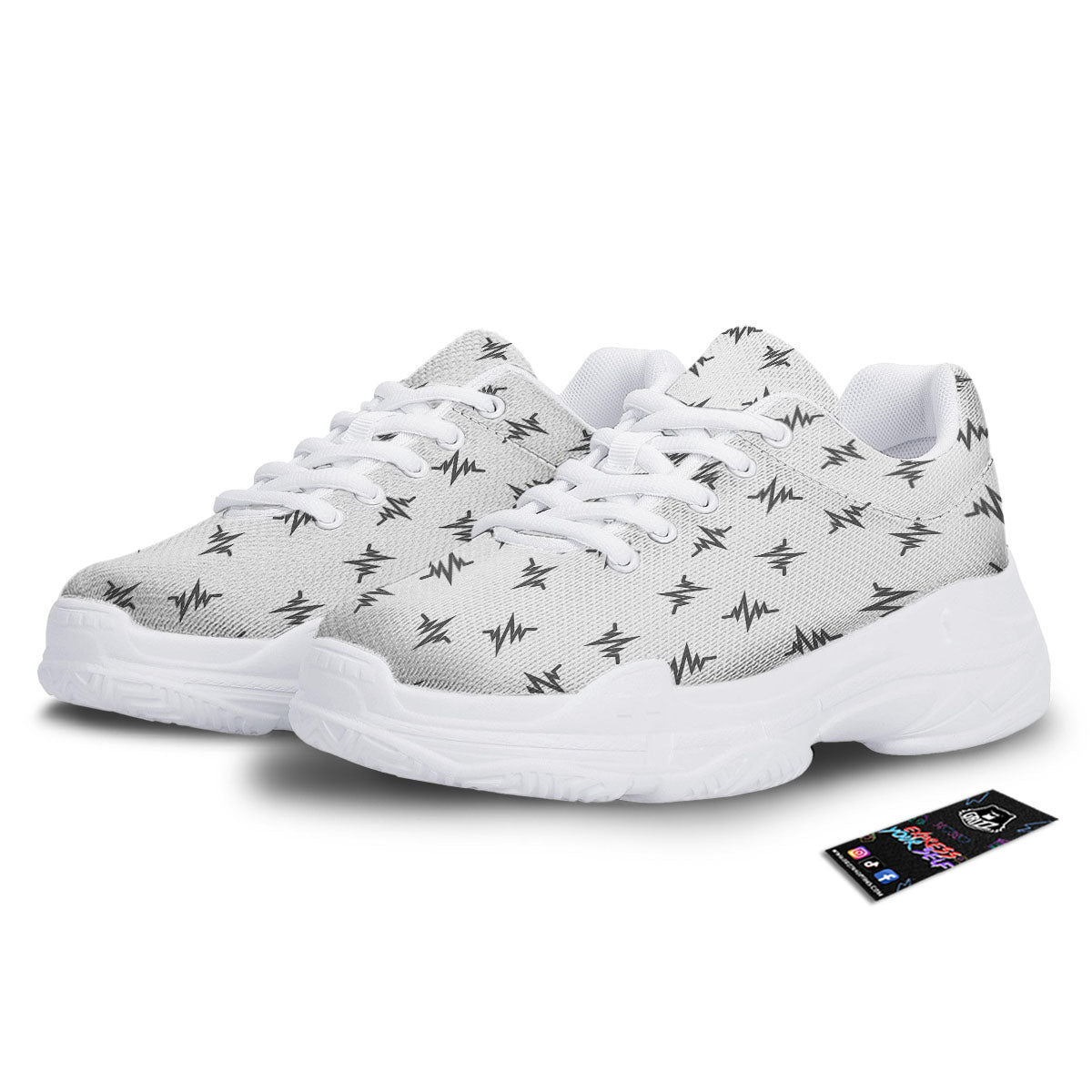 Heartbeat White And Black Print Pattern White Chunky Shoes-grizzshop