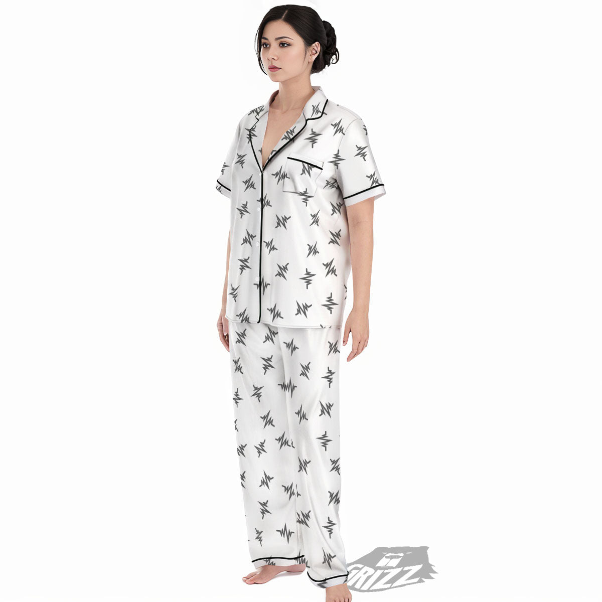 Heartbeat White And Black Print Pattern Women's Pajamas Set-grizzshop