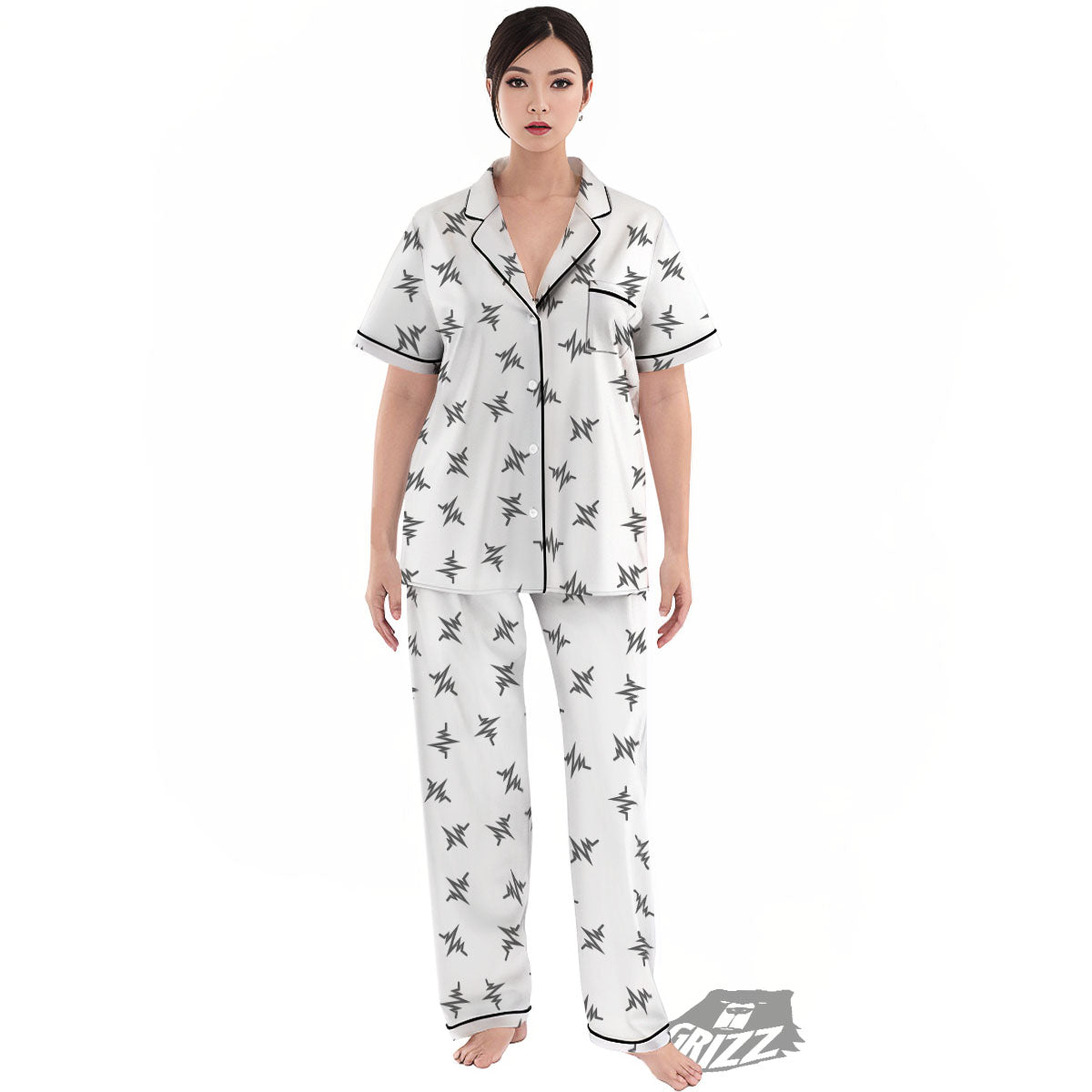 Heartbeat White And Black Print Pattern Women's Pajamas Set-grizzshop