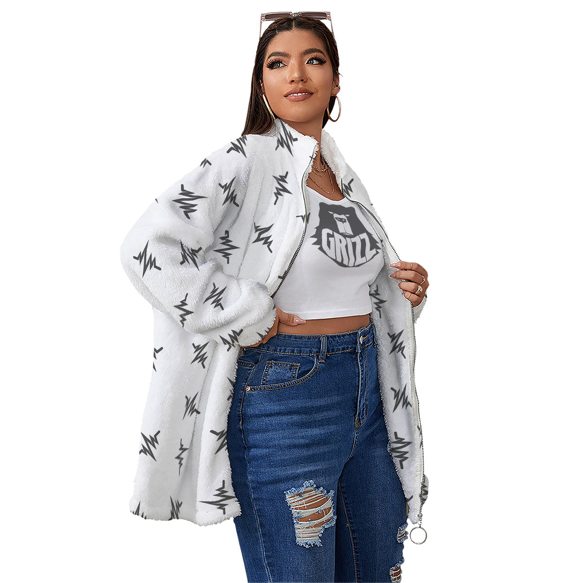 Heartbeat White And Black Print Pattern Women's Sherpa Jacket-grizzshop