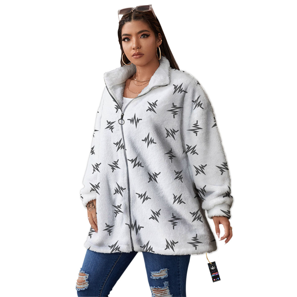 Heartbeat White And Black Print Pattern Women's Sherpa Jacket-grizzshop