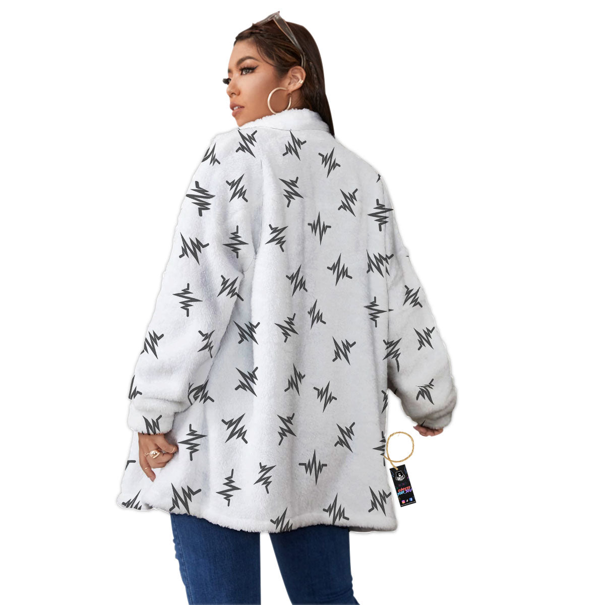 Heartbeat White And Black Print Pattern Women's Sherpa Jacket-grizzshop