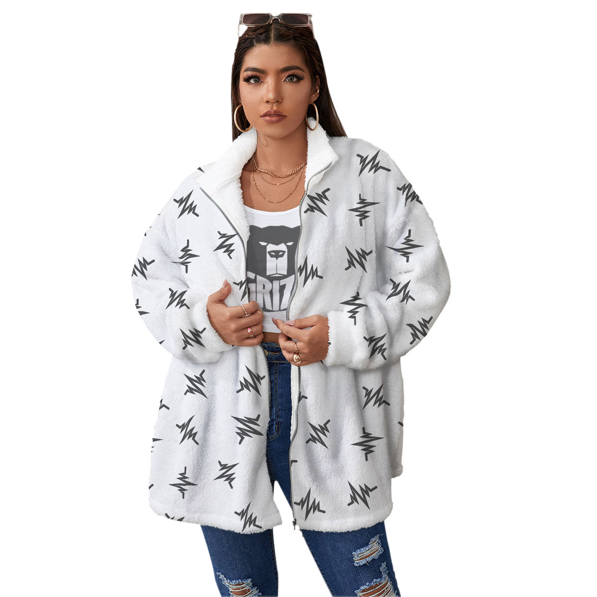 Heartbeat White And Black Print Pattern Women's Sherpa Jacket-grizzshop