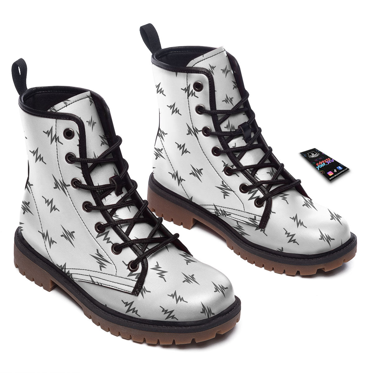 Heartbeat White And Black Print Pattern Work Boots-grizzshop