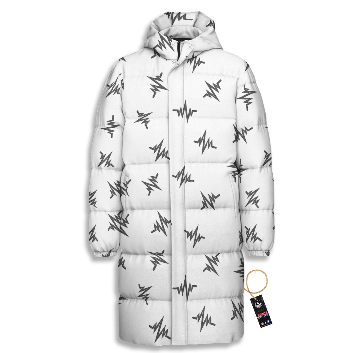 Heartbeat White And Black Print Pattern Long Down Jacket