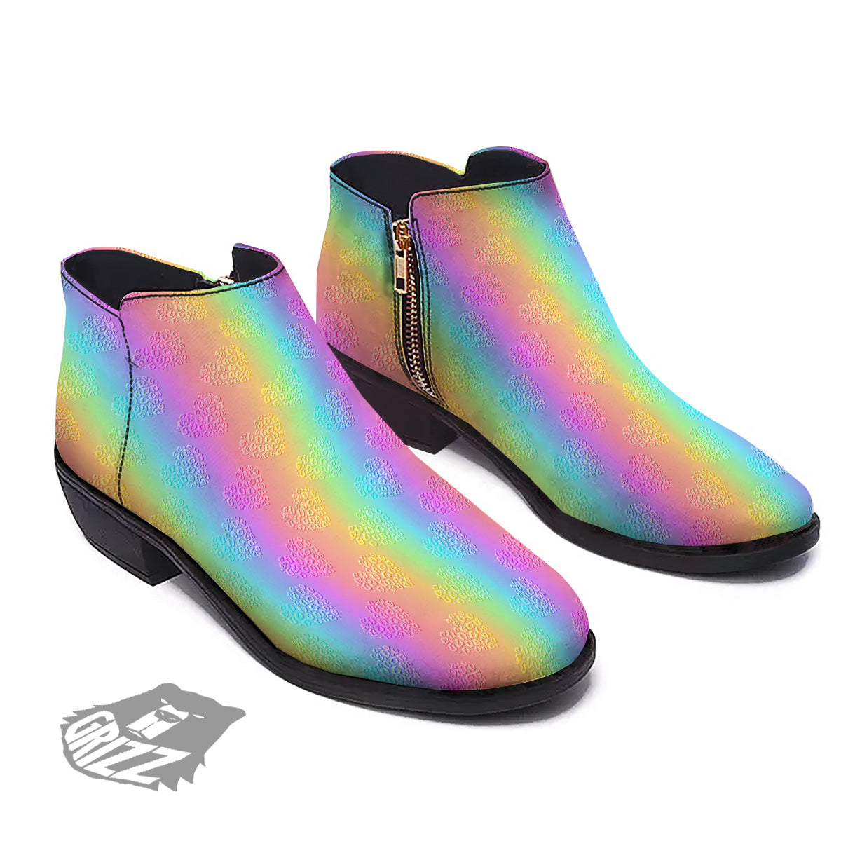 Hearts Rainbow Leopard Print Pattern Ankle Boots-grizzshop