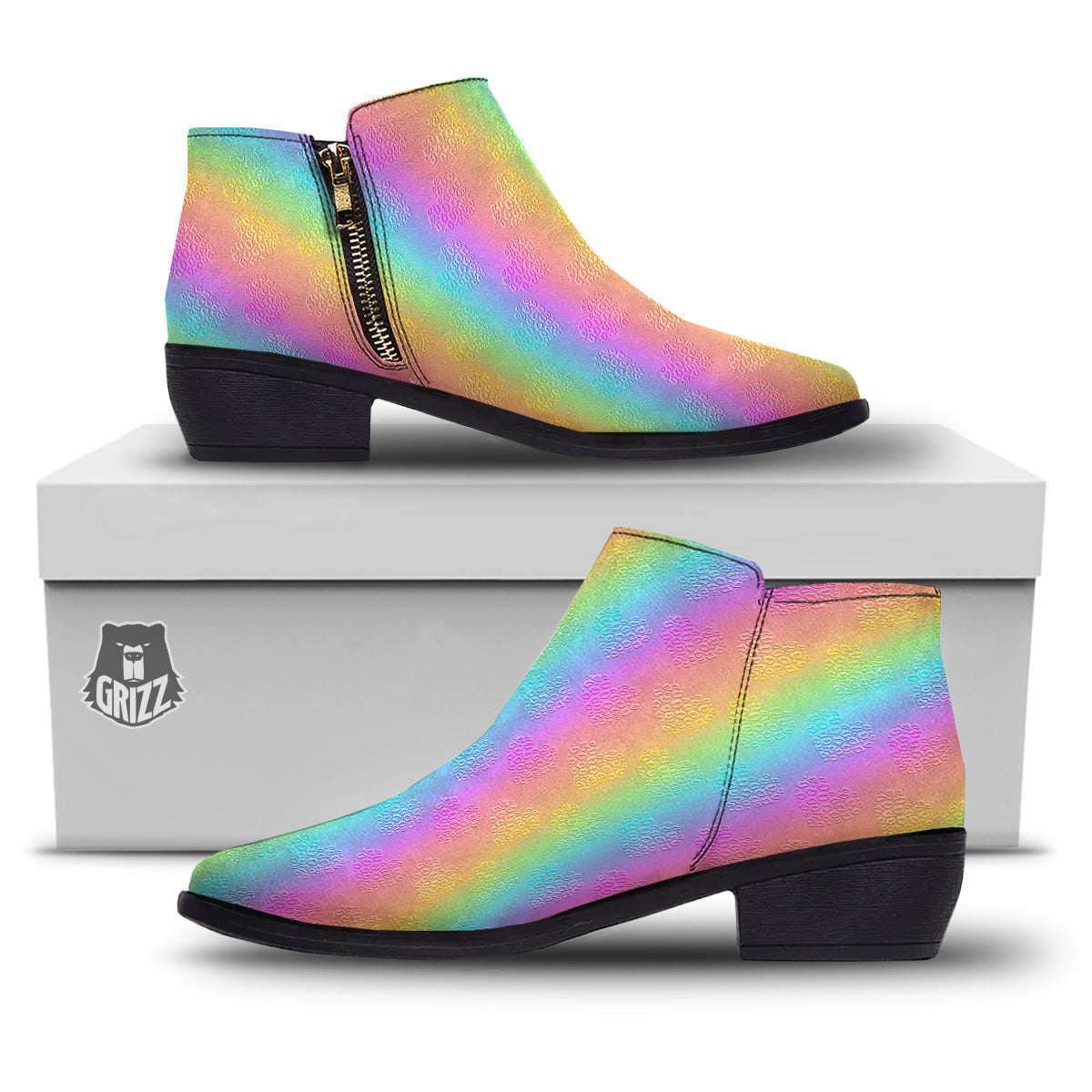 Hearts Rainbow Leopard Print Pattern Ankle Boots-grizzshop