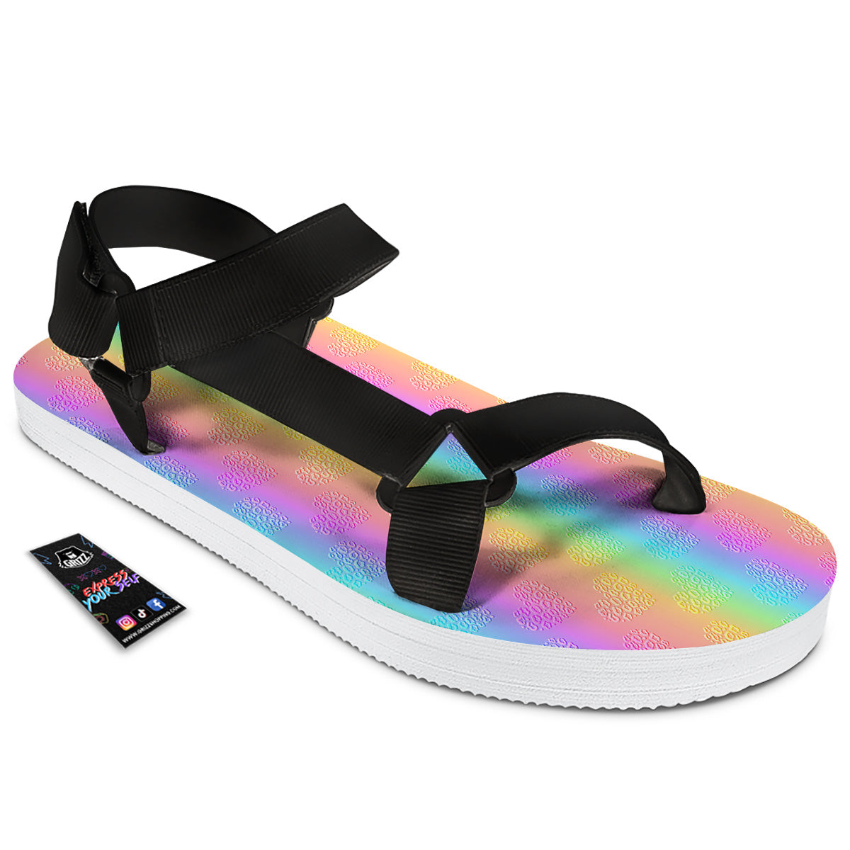 Hearts Rainbow Leopard Print Pattern Black Open Toe Sandals-grizzshop