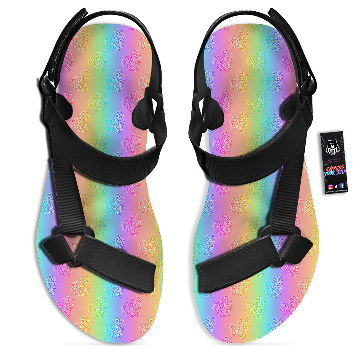 Hearts Rainbow Leopard Print Pattern Black Open Toe Sandals-grizzshop