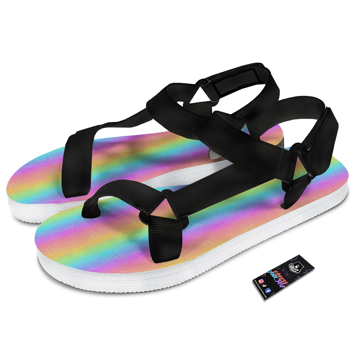 Hearts Rainbow Leopard Print Pattern Black Open Toe Sandals-grizzshop