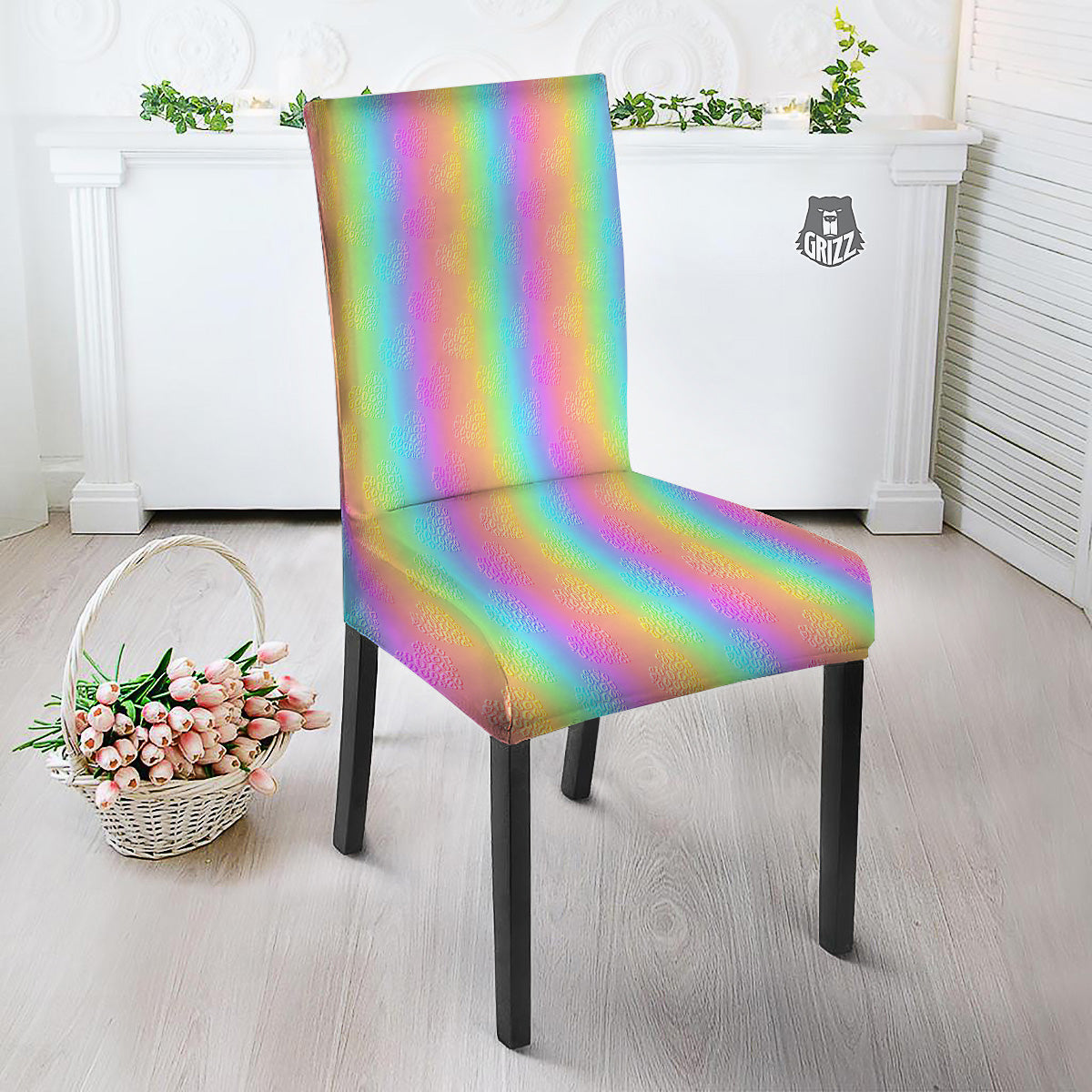 Hearts Rainbow Leopard Print Pattern Dining Chair Slipcover-grizzshop