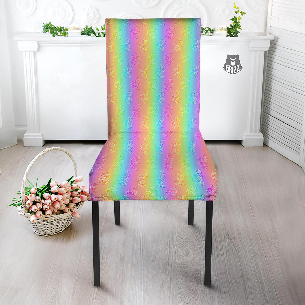 Hearts Rainbow Leopard Print Pattern Dining Chair Slipcover-grizzshop