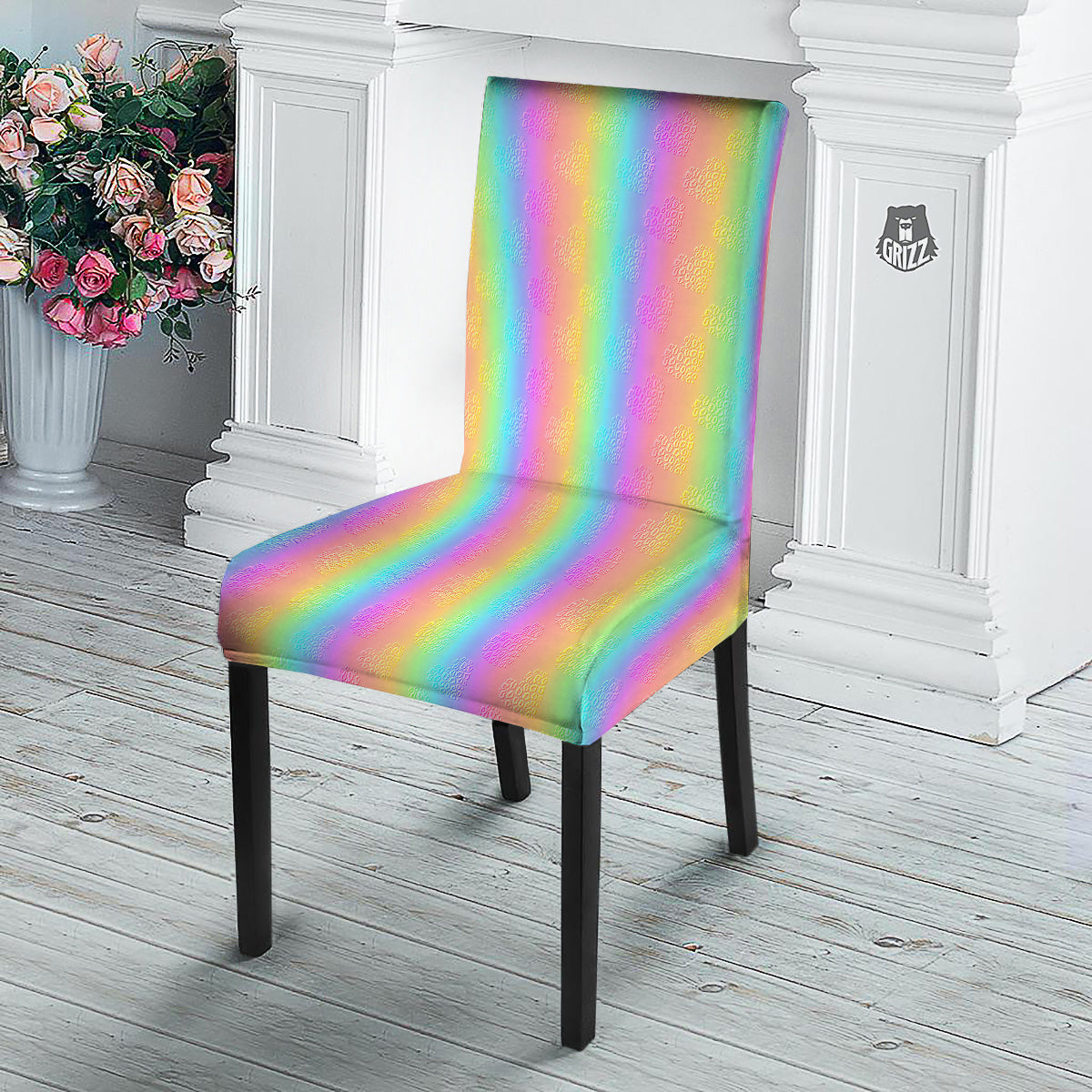 Hearts Rainbow Leopard Print Pattern Dining Chair Slipcover-grizzshop