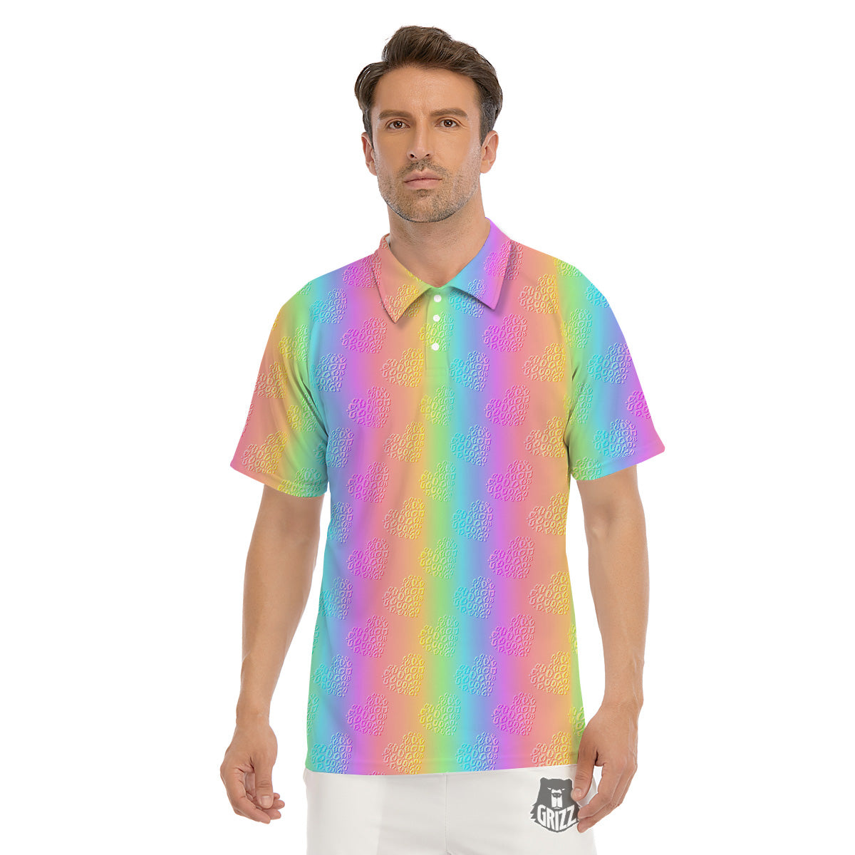 Hearts Rainbow Leopard Print Pattern Men's Golf Shirts-grizzshop