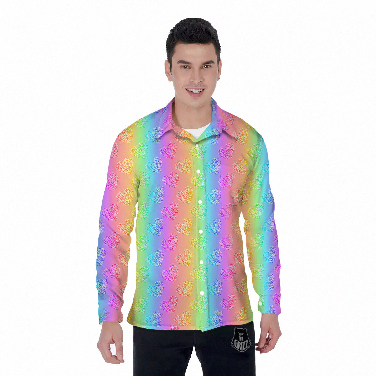 Hearts Rainbow Leopard Print Pattern Men's Long Sleeve Shirts-grizzshop