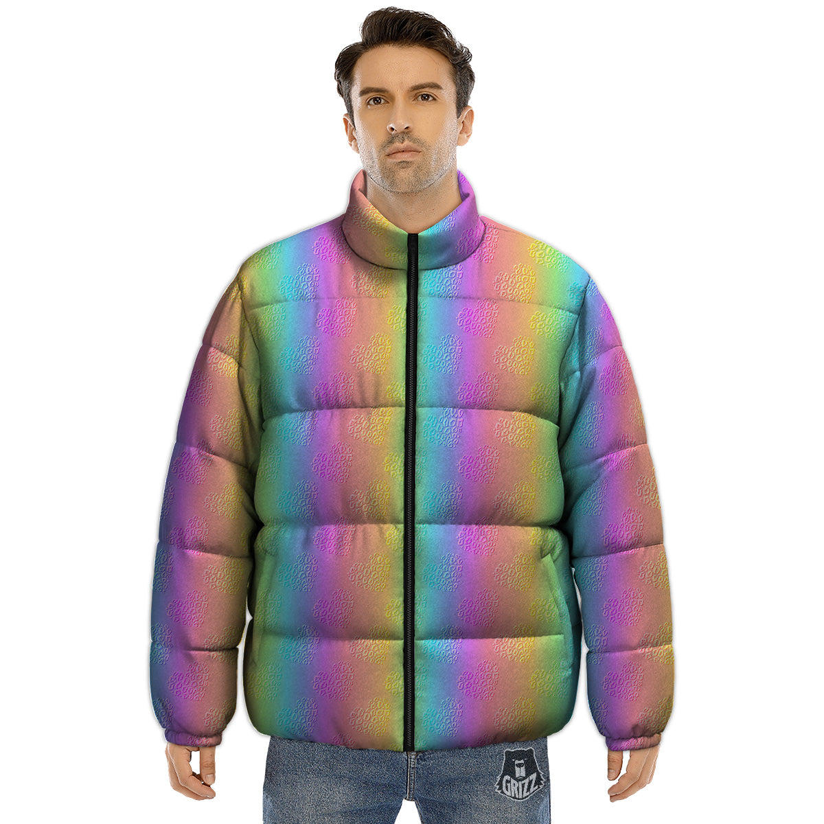 Hearts Rainbow Leopard Print Pattern Puffer Jacket-grizzshop